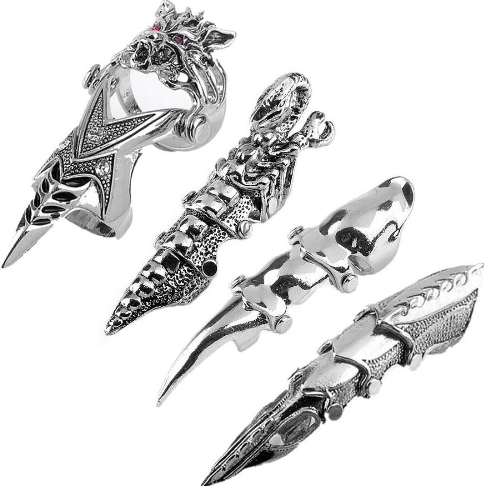 Men's Jewelry Silvery Armour Knuckle Full Finger Double Loop Activity Ring Punk